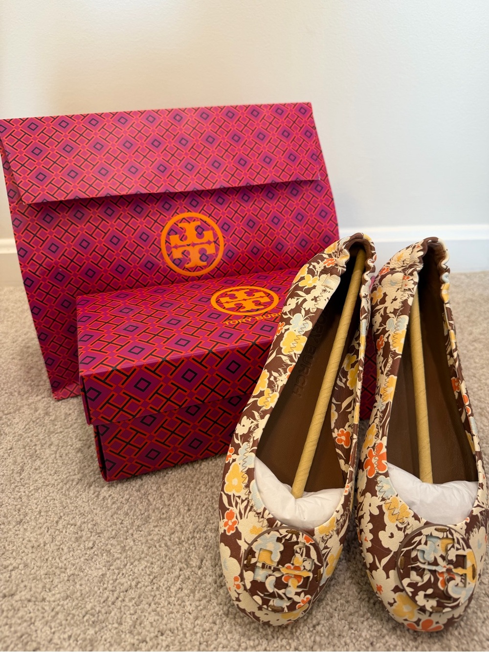 Tory Burch Floral Ballet Flats in Brown, Cream, Yellow, Orange